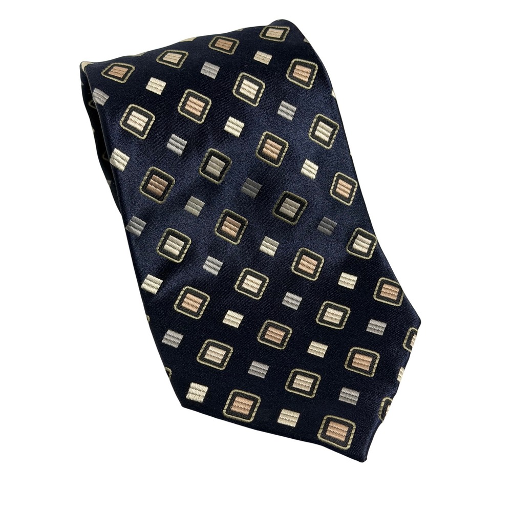 Preswick & Moore Necktie Navy Blue Geometric Silk Stain Repellent Wrinkle Free